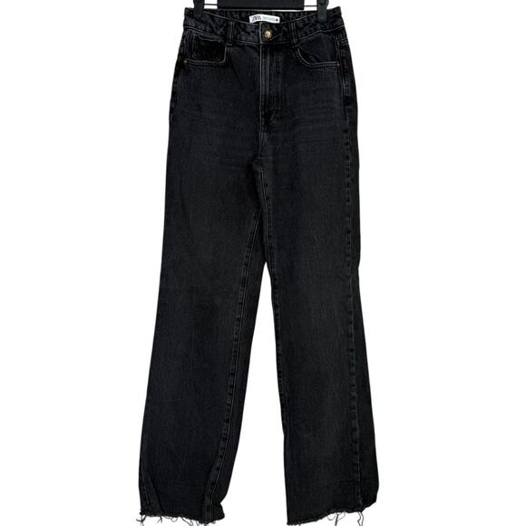 Zara Full Length Wide Leg Frayed Raw Hem High Rise Denim Jean 4 Black Washed - Picture 2 of 16